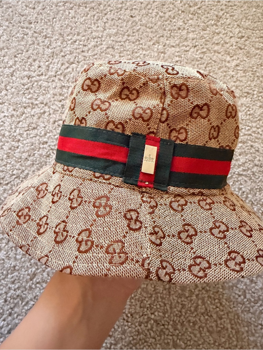 Gucci Beige GG Monogram Kids Bucket Hat with Red & Green Stripe
